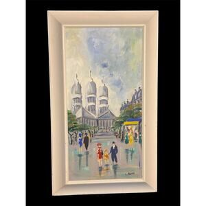 Signed Paris Street Family Scene Painting Cityscape Fine Art 29" x 17"
